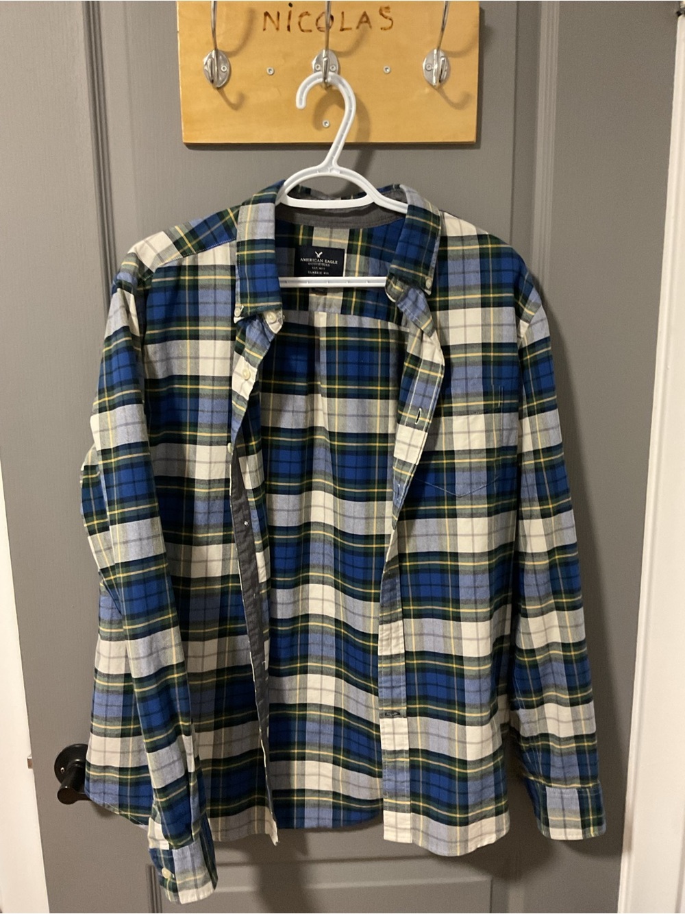 American Eagle Outfitters Blue, White & Green Plaid Button-Down Shirt